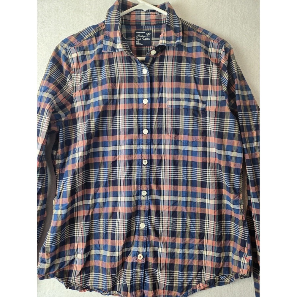 American Eagle Mens Shirt Size L Classic Prep Fit Plaid Long Sleeve Blue Pink - Picture 5 of 10